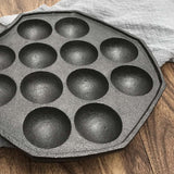 NNEAGS 2X 18CM Cast Iron Takoyaki Fry Pan Octopus Balls Maker 12 Hole Cavities Grill Mold