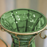 NNEAGS Green Colored European Glass Flower Vase Solid Base with Two Gold Metal Handle