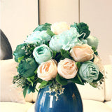 NNEAGS 3pcs Artificial Silk with 15 Heads Flower Fake Rose Bouquet Table Decor Blue