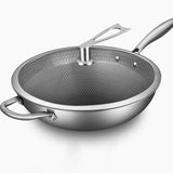 NNEAGS 2X 34cm Stainless Steel Tri-Ply Frying Cooking Fry Pan Textured Non Stick Skillet with Glass Lid and Helper Handle