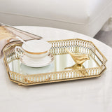 NNEAGS 35cm Gold Rectangle Ornate Mirror Glass Metal Tray Vanity Makeup Perfume Jewelry Organiser with Handles