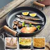 NNEAGS 31cm Cast Iron Frying Pan Skillet Steak Sizzle Fry Platter With Wooden Handle No Lid