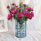 NNEAGS Blue Glass Cylinder Flower Vase with 8 Bunch 5 Heads Artificial Fake Silk Rose Home Decor Set