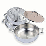 NNEAGS 3 Tier 26cm Heavy Duty Stainless Steel Food Steamer Vegetable Pot Stackable Pan Insert with Glass Lid