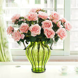 NNEAGS Green Colored Glass Flower Vase with 4 Bunch 9 Heads Artificial Fake Silk Rose Home Decor Set
