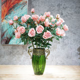 NNEAGS Green Glass Flower Vase with 8 Bunch 5 Heads Artificial Fake Silk Rose Home Decor Set