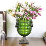 NNEAGS Green Glass Flower Vase with 6 Bunch 4 Heads Artificial Fake Silk Magnolia denudata Home Decor Set