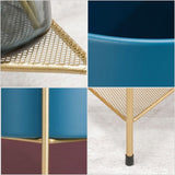 NNEAGS 2X 2 Layer 65cm Gold Metal Plant Stand with Blue Flower Pot Holder Corner Shelving Rack Indoor Display