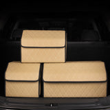 NNEAGS 2X Leather Car Boot Collapsible Foldable Trunk Cargo Organizer Portable Storage Box Beige/Gold Stitch Large