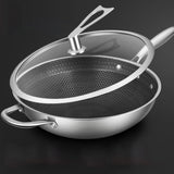 NNEAGS 2X 34cm Stainless Steel Tri-Ply Frying Cooking Fry Pan Textured Non Stick Skillet with Glass Lid and Helper Handle