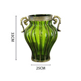 NNEAGS Green Colored European Glass Home Decor Flower Vase with Two Metal Handle