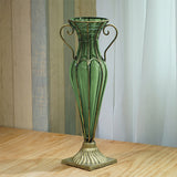 NNEAGS Green Colored European Glass Flower Vase Solid Base with Two Gold Metal Handle