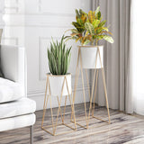 NNEAGS 2X 50cm Gold Metal Plant Stand with White Flower Pot Holder Corner Shelving Rack Indoor Display