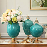 NNEAGS 2X 40cm Ceramic Oval Flower Vase with Gold Metal Base Green