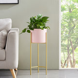 NNEAGS 4X 2 Layer 42cm Gold Metal Plant Stand with Pink Flower Pot Holder Corner Shelving Rack Indoor Display