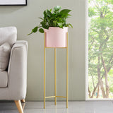 NNEAGS 2X 2 Layer 60cm Gold Metal Plant Stand with Pink Flower Pot Holder Corner Shelving Rack Indoor Display