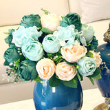 NNEAGS 3pcs Artificial Silk with 15 Heads Flower Fake Rose Bouquet Table Decor Blue