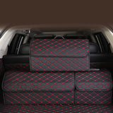 NNEAGS 4X Leather Car Boot Collapsible Foldable Trunk Cargo Organizer Portable Storage Box Black/Red Stitch Large