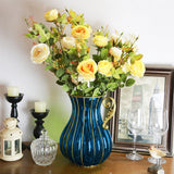 NNEAGS Blue European Colored Glass Home Decor Jar Flower Vase with Metal Handle