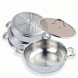 NNEAGS 3 Tier 30cm Heavy Duty Stainless Steel Food Steamer Vegetable Pot Stackable Pan Insert with Glass Lid