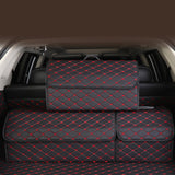 NNEAGS 4X Leather Car Boot Collapsible Foldable Trunk Cargo Organizer Portable Storage Box Black/Red Stitch Small