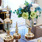 NNEAGS 2X Clear Glass Flower Vase with Lid and Blue Flower Filler Vase Black Set