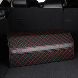 NNEAGS 4X Leather Car Boot Collapsible Foldable Trunk Cargo Organizer Portable Storage Box Black/Red Stitch Large