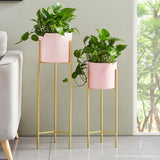 NNEAGS 4X 2 Layer 60cm Gold Metal Plant Stand with Pink Flower Pot Holder Corner Shelving Rack Indoor Display