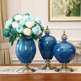 NNEAGS 2X 38cm Ceramic Oval Flower Vase with Gold Metal Base Dark Blue