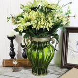 NNEAGS Green Colored European Glass Home Decor Flower Vase with Two Metal Handle
