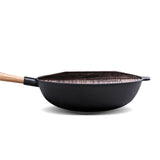 NNEAGS 31cm Cast Iron Wok FryPan Fry Pan with Wooden Lid