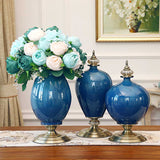 NNEAGS 3X Ceramic Oval Flower Vase with Blue Flower Set Dark Blue