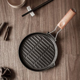 NNEAGS 2X 24cm Round Ribbed Cast Iron Steak Frying Grill Skillet Pan with Folding Wooden Handle