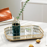 NNEAGS 35cm Gold Rectangle Ornate Mirror Glass Metal Tray Vanity Makeup Perfume Jewelry Organiser with Handles