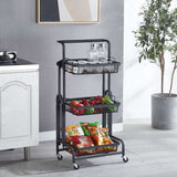 NNEAGS 3 Tier Steel Black Adjustable Kitchen Cart Multi-Functional Shelves Portable Storage Organizer with Wheels