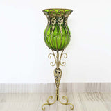 NNEAGS 85cm Green Glass Floor Vase with Tall Metal Flower Stand