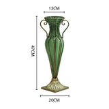 NNEAGS Green Colored European Glass Flower Vase Solid Base with Two Gold Metal Handle