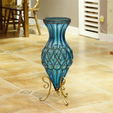 NNEAGS 67cm Blue Glass Tall Floor Vase with Metal Flower Stand