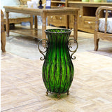 NNEAGS 51cm Green Glass Oval Floor Vase with Metal Flower Stand