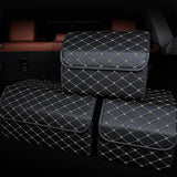 NNEAGS 4X Leather Car Boot Collapsible Foldable Trunk Cargo Organizer Portable Storage Box Black/Gold Stitch Medium