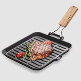 NNEAGS 2X 28cm Ribbed Cast Iron Square Steak Frying Grill Skillet Pan with Folding Wooden Handle