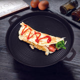 NNEAGS 2X 35cm Round Ribbed Cast Iron Frying Pan Skillet Steak Sizzle Platter with Handle