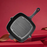 NNEAGS 2X 26cm Square Ribbed Cast Iron Frying Pan Skillet Steak Sizzle Platter with Handle