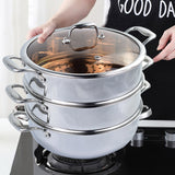 NNEAGS 3 Tier 28cm Heavy Duty Stainless Steel Food Steamer Vegetable Pot Stackable Pan Insert with Glass Lid