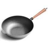 NNEAGS 31cm Cast Iron Wok FryPan Fry Pan with Wooden Lid