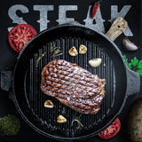 NNEAGS 25cm Round Ribbed Cast Iron Frying Pan Skillet Steak Sizzle Platter with Handle