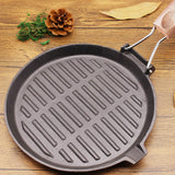 NNEAGS 2X 24cm Round Ribbed Cast Iron Steak Frying Grill Skillet Pan with Folding Wooden Handle