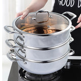 NNEAGS 3 Tier 30cm Heavy Duty Stainless Steel Food Steamer Vegetable Pot Stackable Pan Insert with Glass Lid
