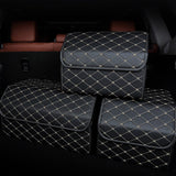 NNEAGS 4X Leather Car Boot Collapsible Foldable Trunk Cargo Organizer Portable Storage Box Black/Gold Stitch Large