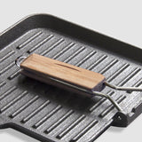 NNEAGS 2X 28cm Ribbed Cast Iron Square Steak Frying Grill Skillet Pan with Folding Wooden Handle